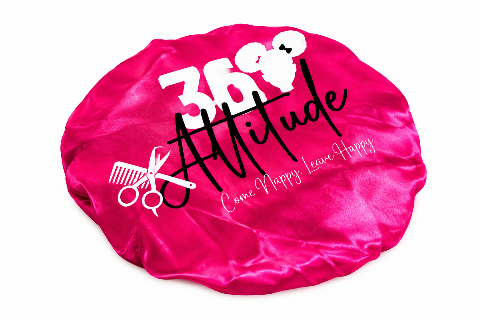 360 Attitude classic satin bonnet in pink with Come Nappy, Leave Happy logo