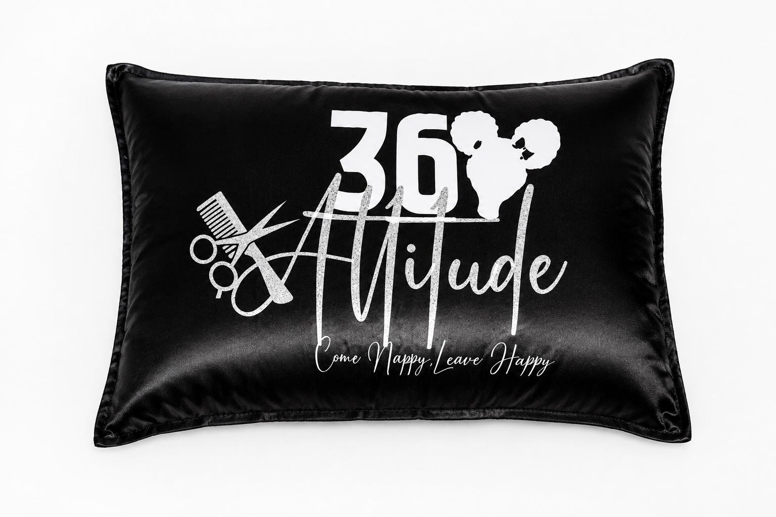 360 Attitude black satin pillowcase with Come Nappy, Leave Happy logo