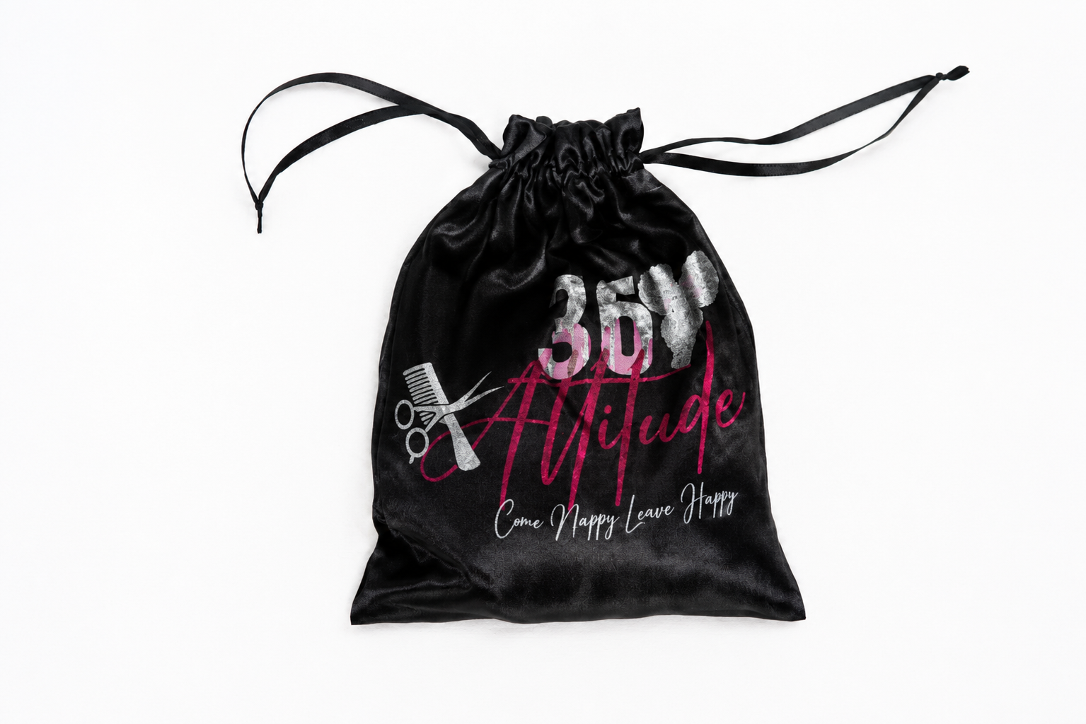 360 Attitude black satin drawstring storage bag with Come Nappy, Leave Happy logo